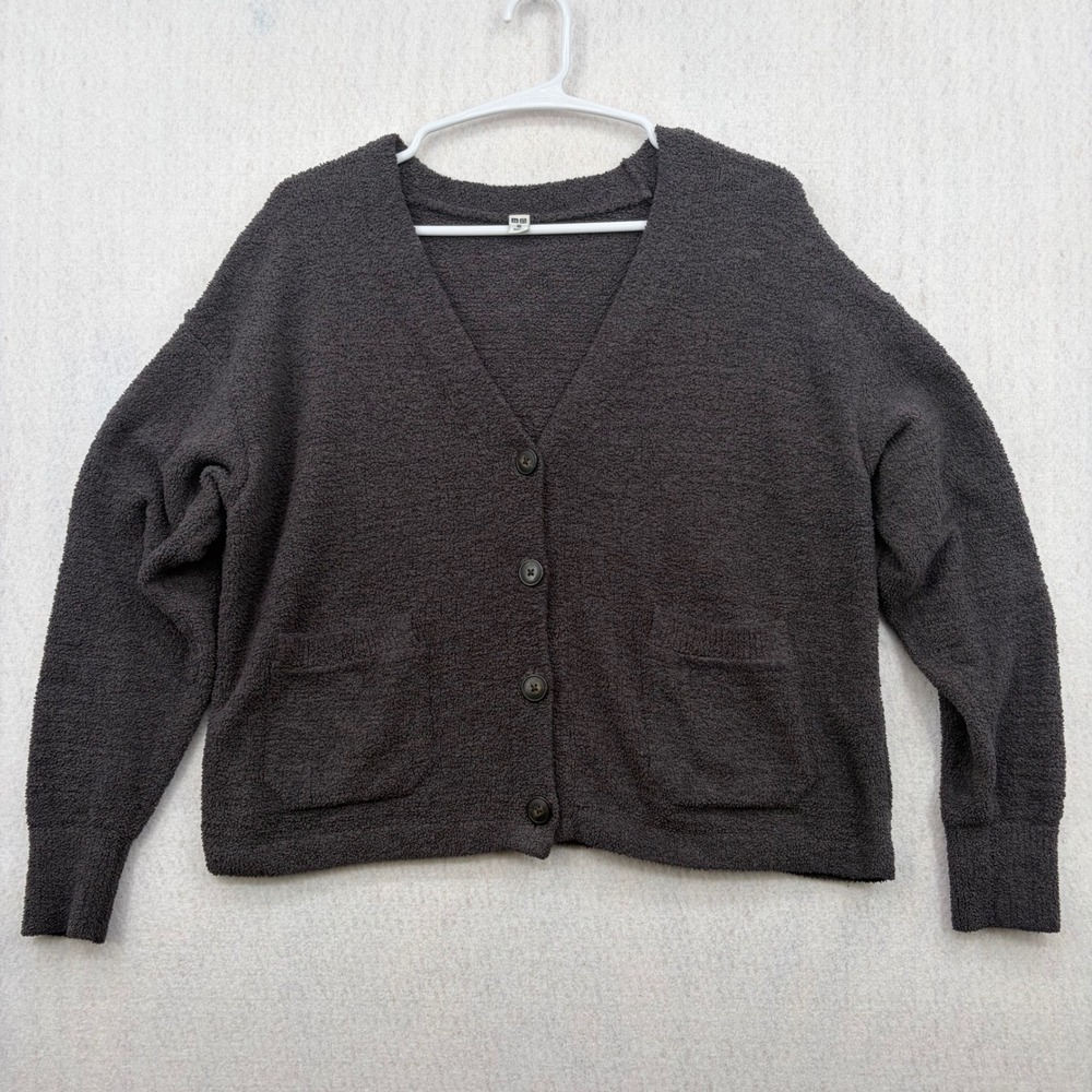 Uniqlo Fluffy Soft Yarn Cardigan Dark Gray Charcoal V-Neck Pocket Sweater XS